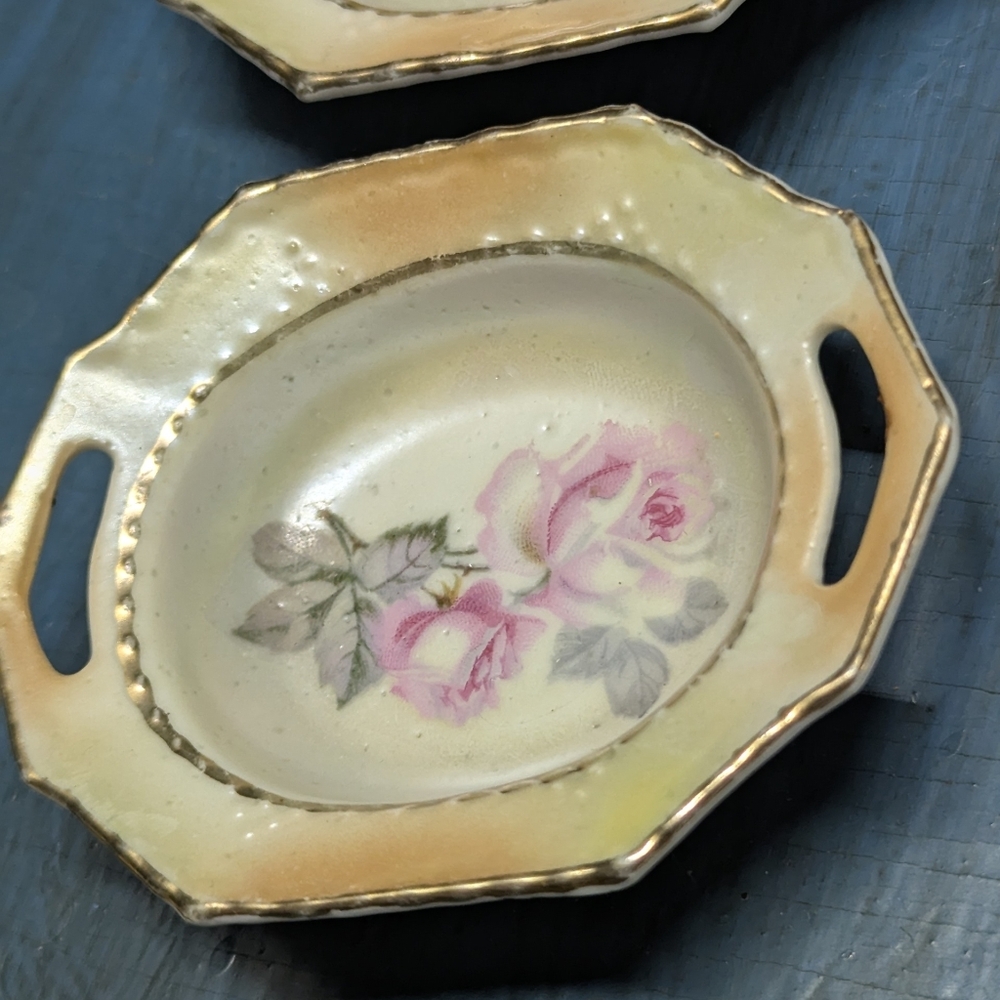 Floral Oval Porcelain Salt Dip Dish with Handles,Hand Painted,Gold Trim,K&L